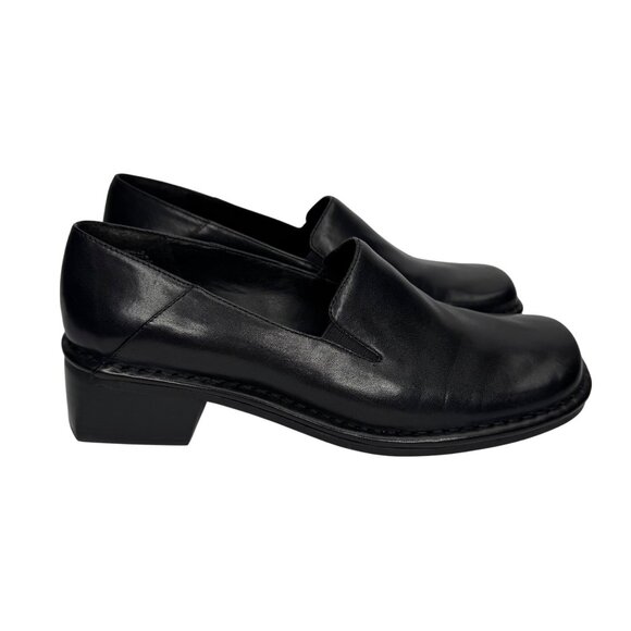 VTG Y2K Bandolino W 6.5M Black‎ Leather Square Toe Chunky Heel Loafer Academia - Picture 2 of 9